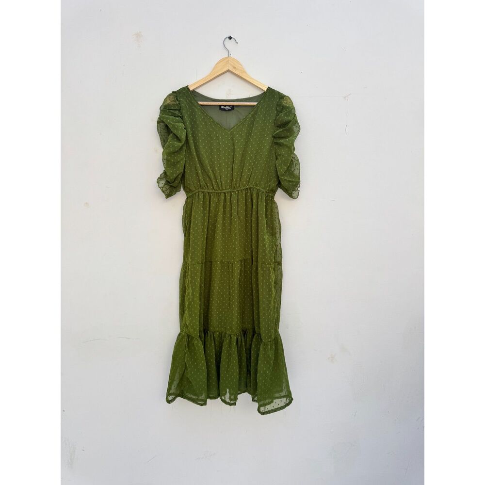 Olive Green Wisstler Sheer Puff Sleeve Tiered Midi Dress Size Medium